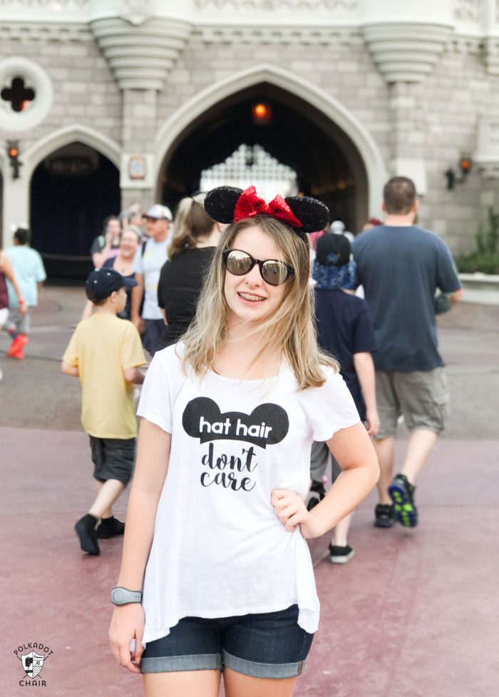DIY Disney T-Shirt with free Cricut Cut file; Hat Hair Don't Care ! So cute and fun to wear to Disney World or Disneyland! 