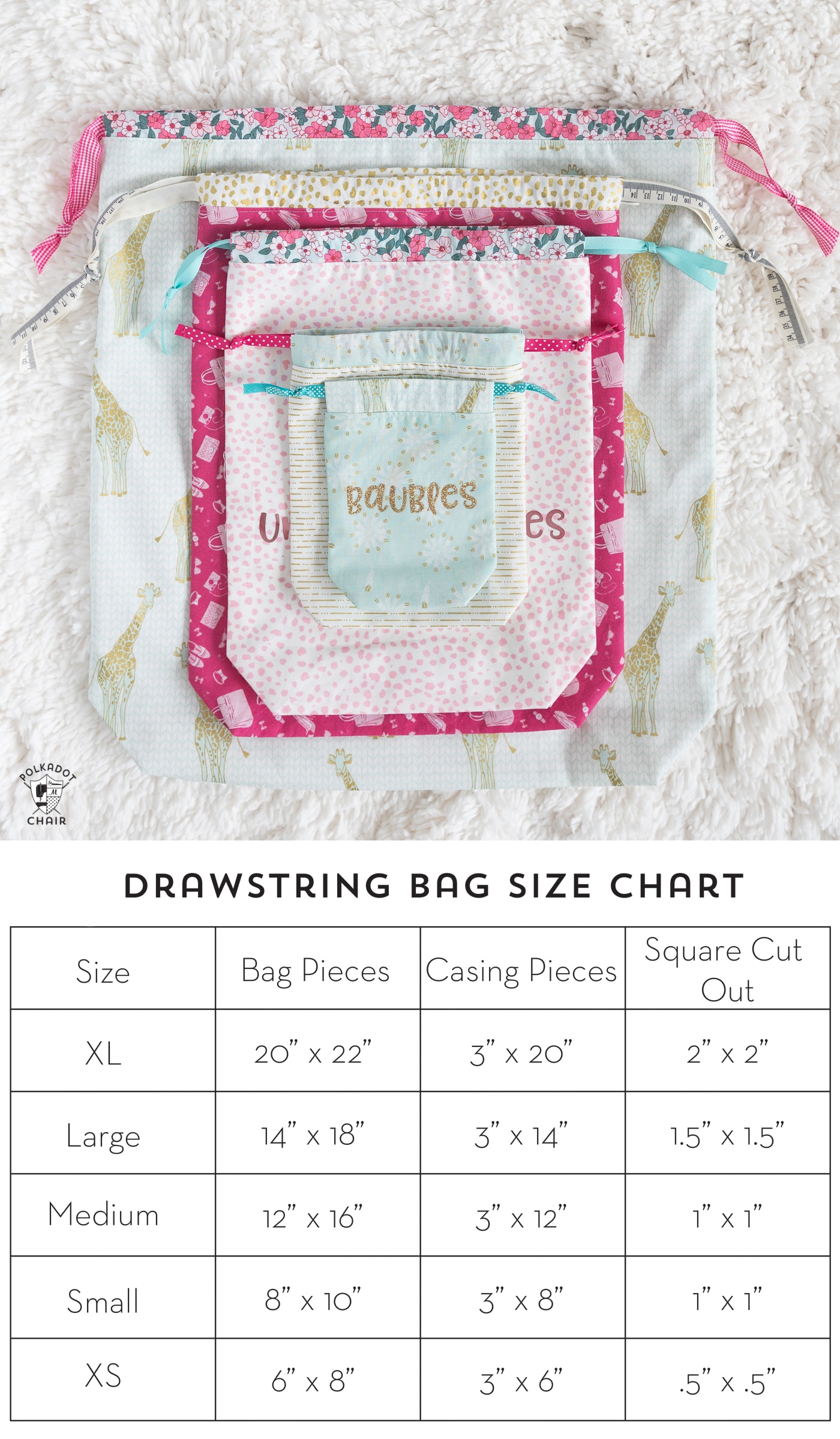 drawstringbagsizechartcuttingguide The Polka Dot Chair