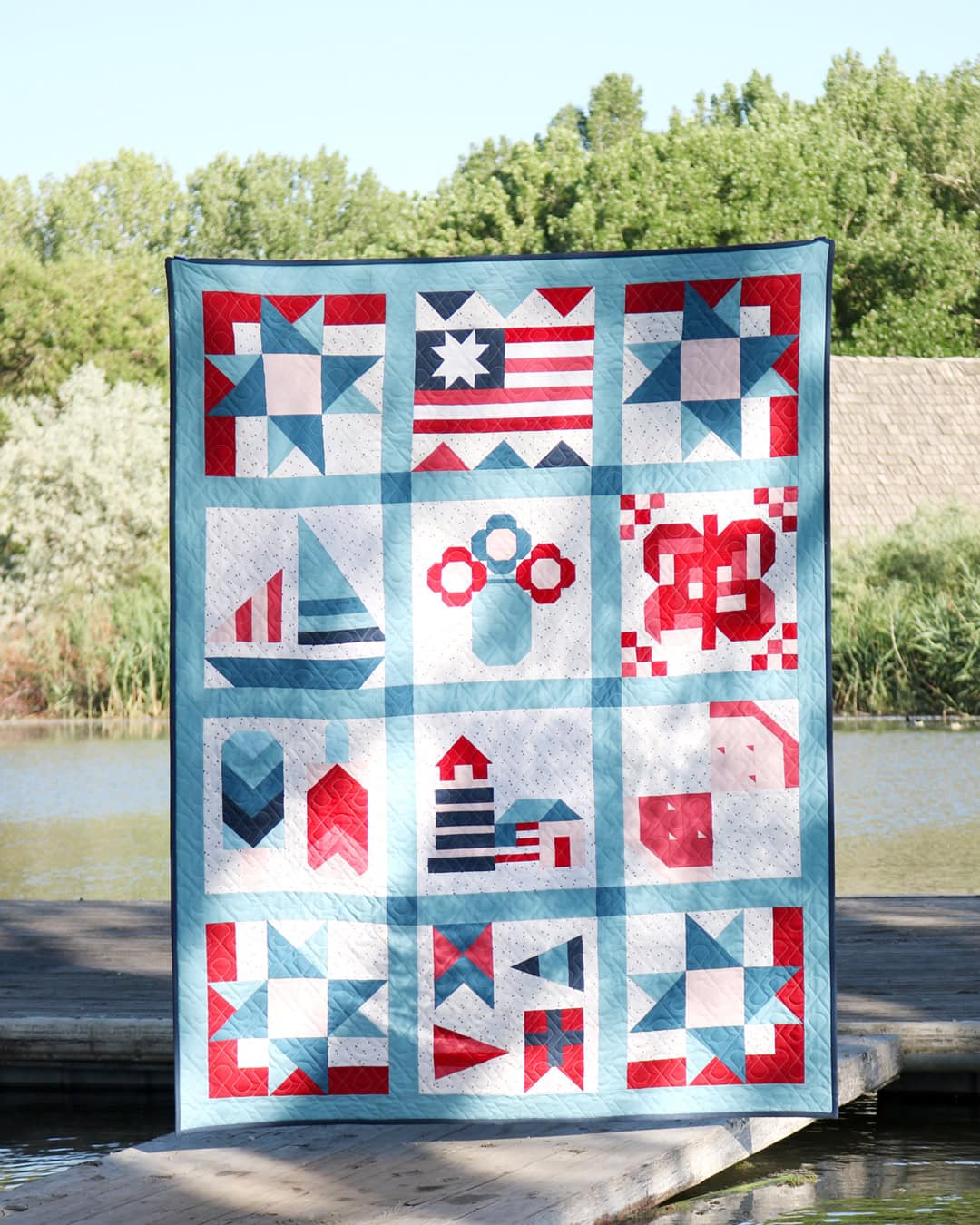 red white and blue nautical quilt outdoors