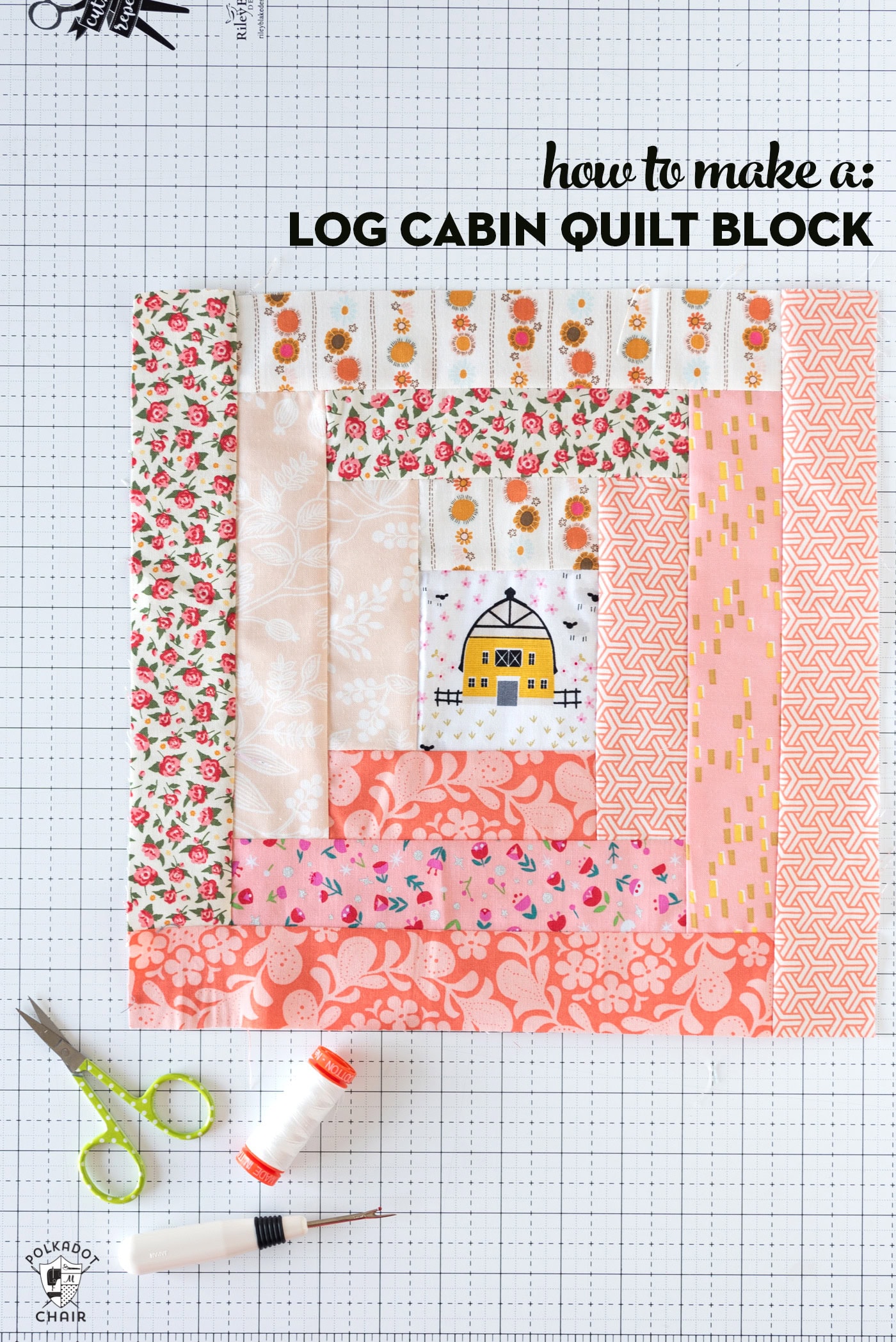 log cabin quilt block on cutting mat in orange and cream