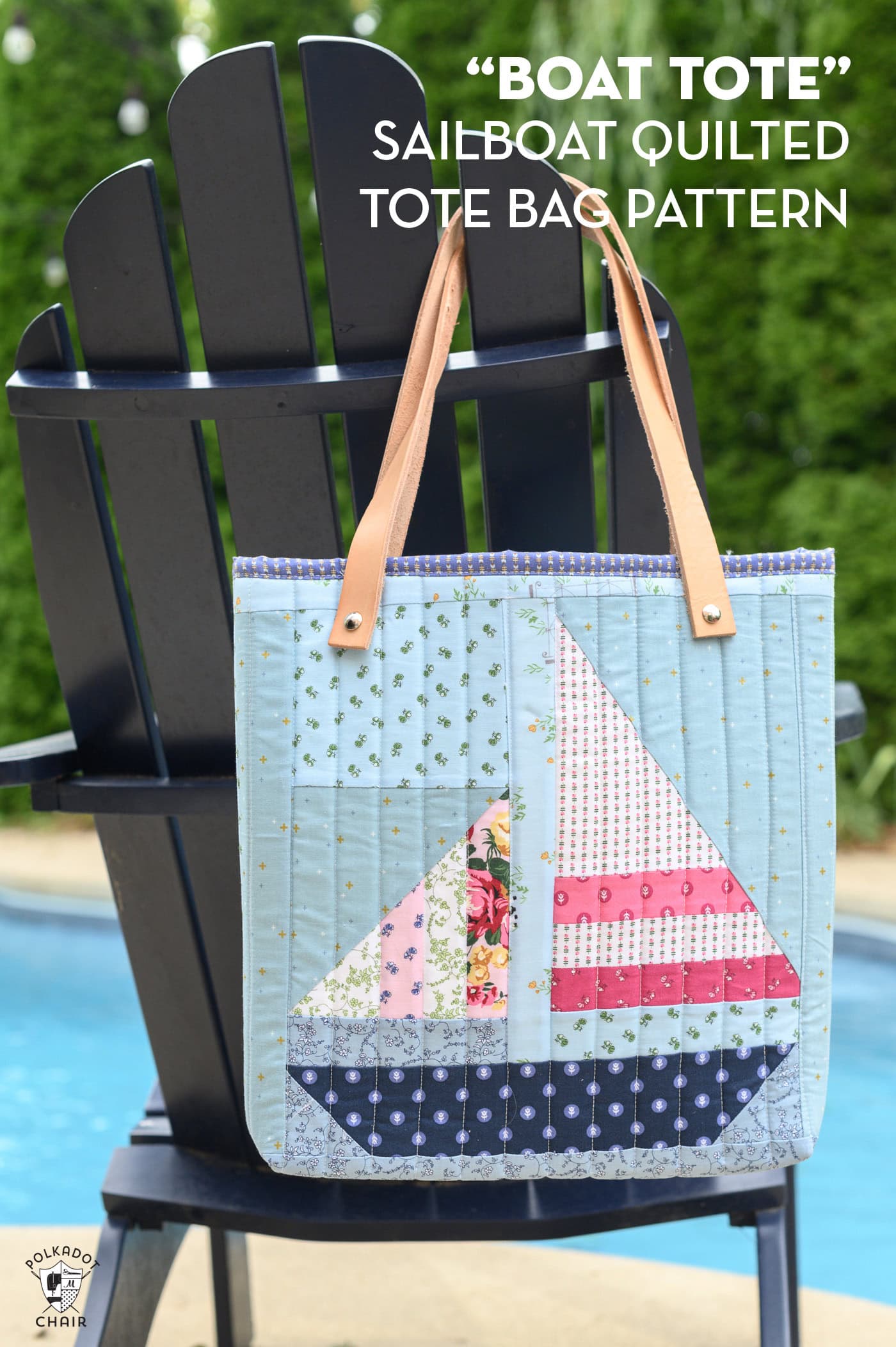 quilted tote bag on navy chair next to pool