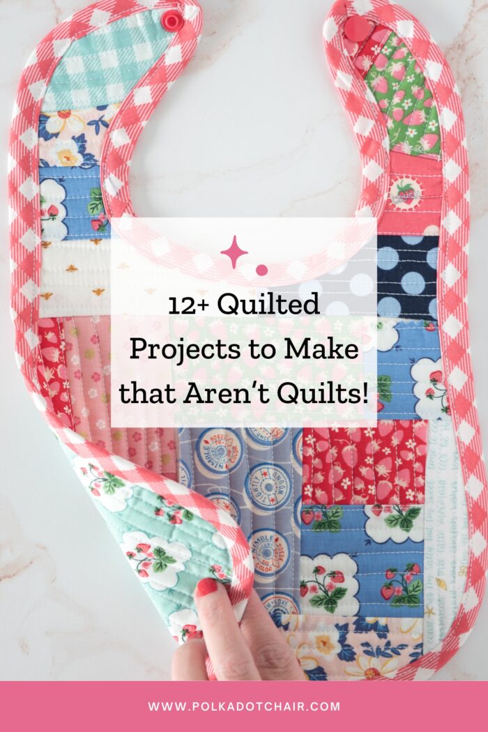 image of patchwork baby quilt on white table with text overlay